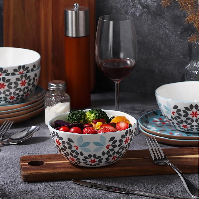 Lorren Home Trends Floral Bone China Dinnerware Set, 12 Piece Service for 4, Blue Red Gray Pattern, Dishwasher Microwave Safe