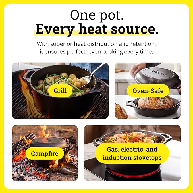 Lodge Cast Iron Dutch Oven 5 Quart - Loop Handle Cooking Vessel - Even Heat Retention - Oven-Safe, Versatile Pot
