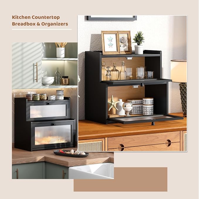 Bread Box for Kitchen Countertop Double Layer Large Corner Bread Box Capacity Bread Storage Bin Farmhouse Breadbox Container Organizer Cabinet Cupboard Black