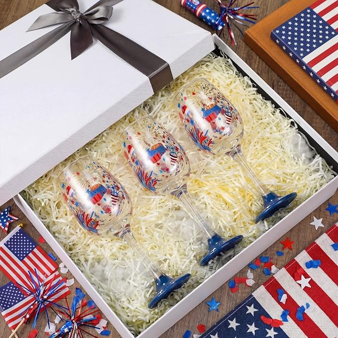 SiliFine 4 Pcs Patriotic 4th of July Stemmed Wine Glasses Hand Painted USA American Fireworks Star Drinking Cup Wine Glasses Gifts for Independence Day Birthday Theme Holiday Party Supplies