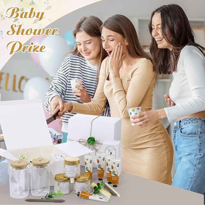Reallnaive 6 Sets Baby Shower Prizes for Game Winners, Baby Shower Favors Glass Cup Scented Candles Hand Cream Pens Gift Box with Raffia for Gender Reveal Wedding Bridal Party Prizes (Beige Brown)