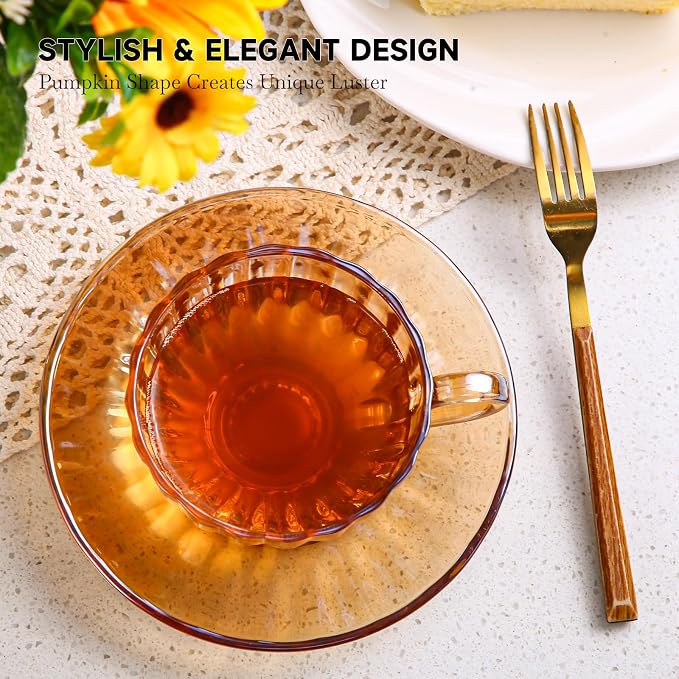 Glass Tea Cups and Saucers Set of 6, Glass Coffee Mugs with Stainless Steel Spoon, Dishwasher & Microwave Safe Teacups for Espresso Cappuccino Latte Tea Juice, 6OZ/180ML, Amber