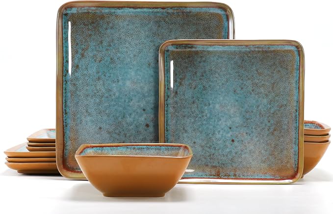Square Melamine Dinnerware Sets, 12 Piece Plates and Bowls Set, Lightweight Dishes Set for Outdoor, Picnic, RV, Camping & Everyday Use, Service for 4