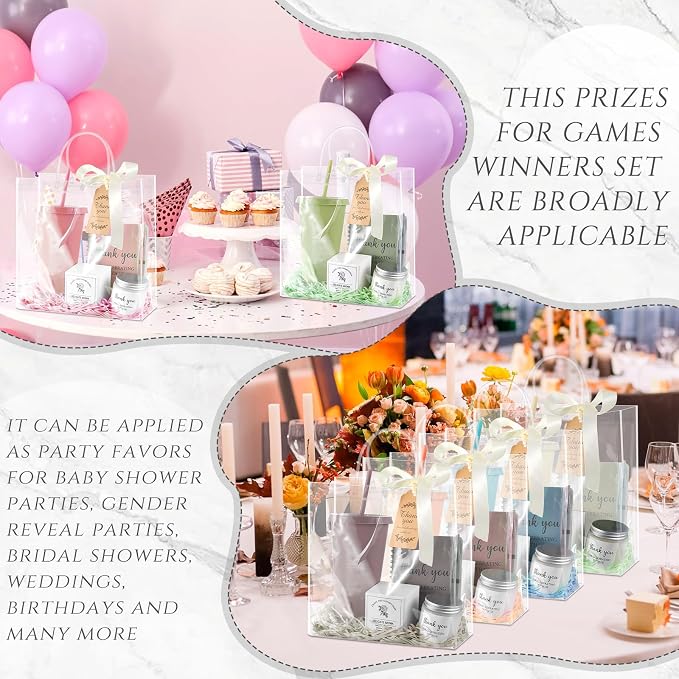 Nuogo 12 Sets New Parent Shower Prizes for Player Winners Adult, Wedding Bridal Shower Gift, Plastic Tumbler Notebook Scented Candle Ballpoint Pen Bag (Morandi Color,Classic Style)