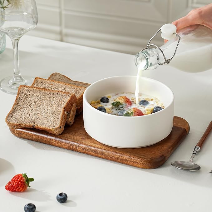 Stoneware Cereal and Soup Bowls Set of 4, 6 Inch Matte Glaze Ceramic Bowls for Breakfast & Oatmeal, Microwave and Dishwasher Safe, Matte White