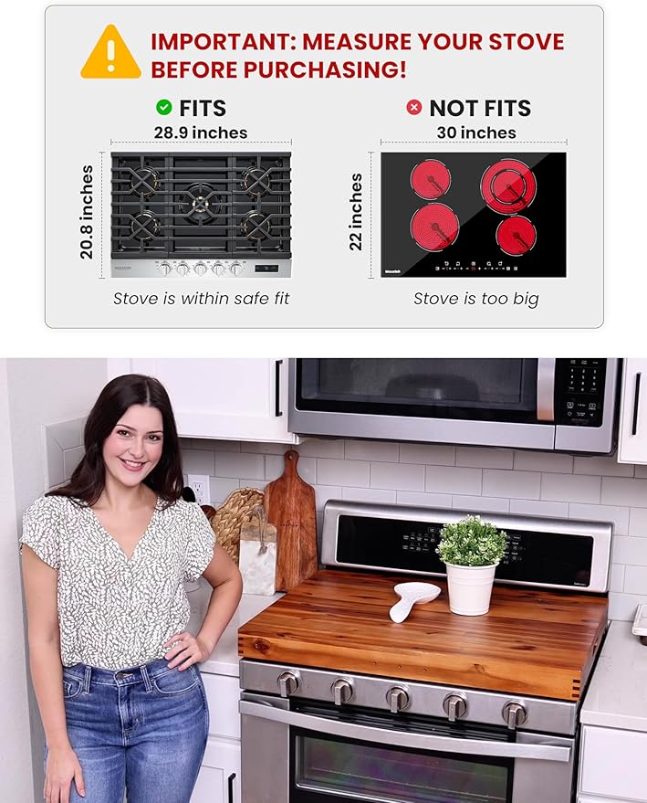 Stove Top Covers for Electric Stove 30”x22” (Outer) / 28.9”x20.8” (Inner) - Acacia Wood Noodle Board for Gas Stovetop - Stove Top Covers for Gas Burners - Sink Cover For Counter Space (Acacia color)