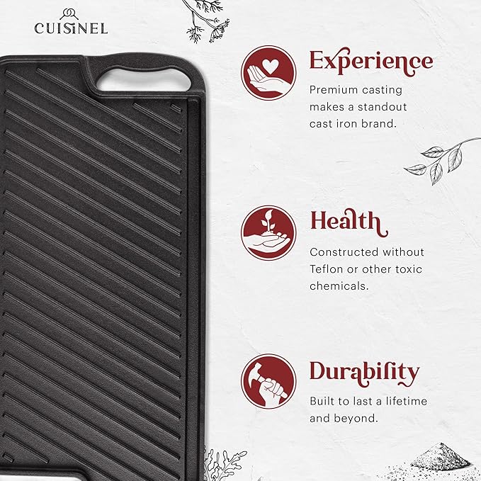 Cuisinel Cast Iron Griddle/Grill + Scraper/Cleaner - Reversible Pre-Seasoned 20" X 10"-inch Dual Handle Flat Skillet and Griller Pan + Cleaning Accessories - Indoor/Outdoor Stove Top Burner, Gas Safe