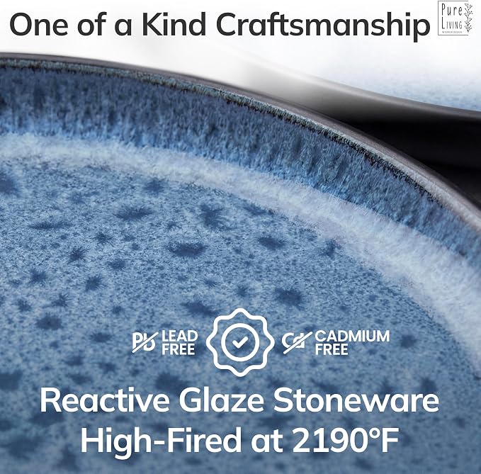 24 Piece Stoneware Dinnerware Set for 8 - Handmade Reactive Glaze Plates and Bowls Set - Chip & Scratch Resistant Dish Set - Dishwasher Microwave Safe - Deep Blue