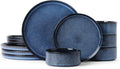 MONITO Ceramic Dinnerware Sets for 4, 12PCS Stoneware Plates and Bowls Sets, Reactive Glaze Dish Set, Chip and Scratch Resistant Double, Microwave and Dishwasher Safe, Dark Blue