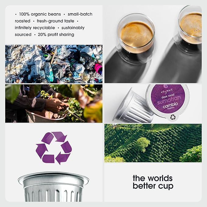 Cambio Roasters Sumatran Dark Roast Organic Coffee Pods - The Only Organic Recyclable Aluminum Coffee Pods, Small Batch Roasted, Keurig® Compatible, Bold Flavor & Longer Lasting Freshness, 10 Count