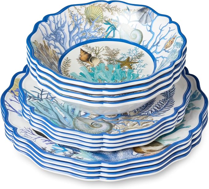 Blue Lagoon Melamine 12-Piece Dinnerware Set – Coastal Coral and Shell Design, Service for 4 – 11" Dinner Plates, 9" Salad Plates, and 28oz Bowls – Durable, Lightweight, BPA-Free, Dishwasher SafE