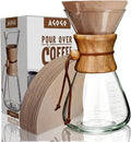 AGOGO Pour Over Coffee Maker Glass with 50pcs Paper Filters -for Home, Office, Camping, Cafes - Easy Clean Coffee Dripper Set (Soft Towel&Brush)(34oz Slim Shape w/Paper Filters)