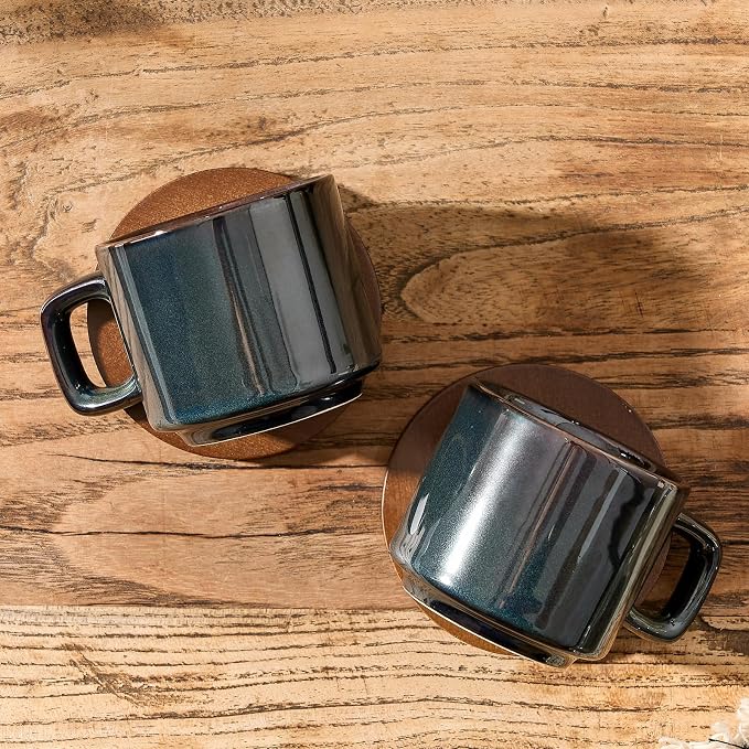 LUKA Porcelain Stackable Espresso Cups with Saucers and Metal Stand, 4 Ounce Small Ceramic Demitasse Cups Set for Latte, Specialty Coffee Drinks, Cafe Mocha,Tea - Set of 4, Kiln Tide Glaze