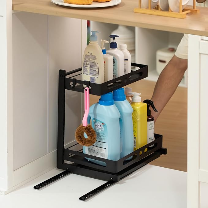 Basicwise Adjustable Height Under Sink Pull-Out Organizer 2-Tier Sliding Shelf Rack Heavy-Duty Mesh Baskets for Kitchen & Bathroom Cabinets Ideal for Tall Bottles Cleaning Supplies & Tight Spaces