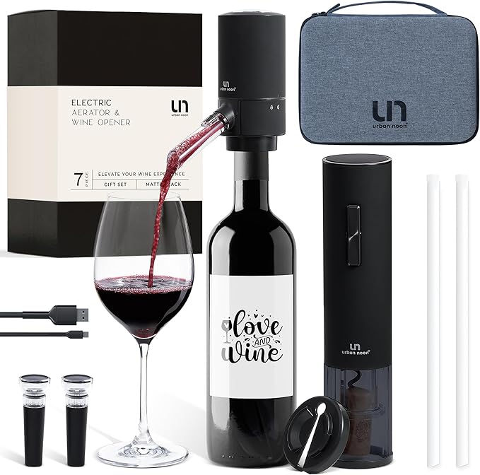 Rechargeable Electric Wine Opener Set with Aerator, Foil Cutter & Vacuum Stoppers – Automatic Wine Bottle Opener Kit with Portable Case – 7 Piece Wine Gift Set (Black Matte)