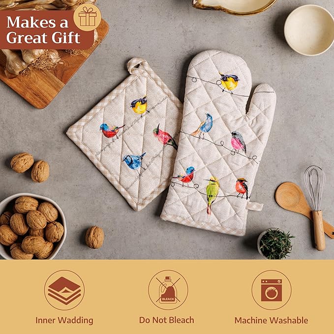 Maison d'Hermine Oven Gloves 100% Cotton Oven Mitt 7" x 13" with Loop Heat Resistant, BBQ, Cooking Gloves, Baking, Grilling, Kitchen, Handling Hot Pans Spring/Summer (Pack of 1, Birdies On Wire)