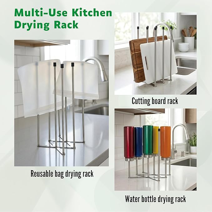 Reusable Bags Drying Rack, Extra Tall for 1 Gallon Zip-Top Reusable Bags, Foldable Stainless Steel Dryer Stand for Silicone & Plastic, Sandwich & Snack, Countertop Organizer, Silver, 2-Pack