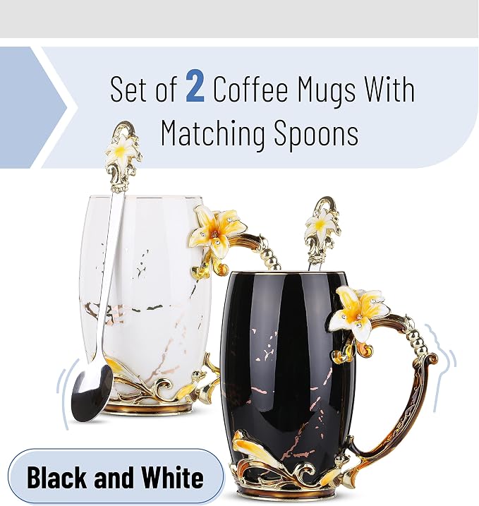 BTaT- Floral Ceramic Mugs with Spoon, Set of 2, Black & White, Fancy Coffee Mugs with Spoon