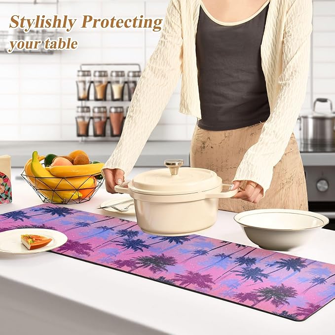 2-in-1 Table Runner Trivet for Hot Dishes Heat Resistant Hot Plate Mat Pad 39x12 Inch Waterproof Table Protector Trivets for Countertop Decorative Gradient Dotty Palm Trees
