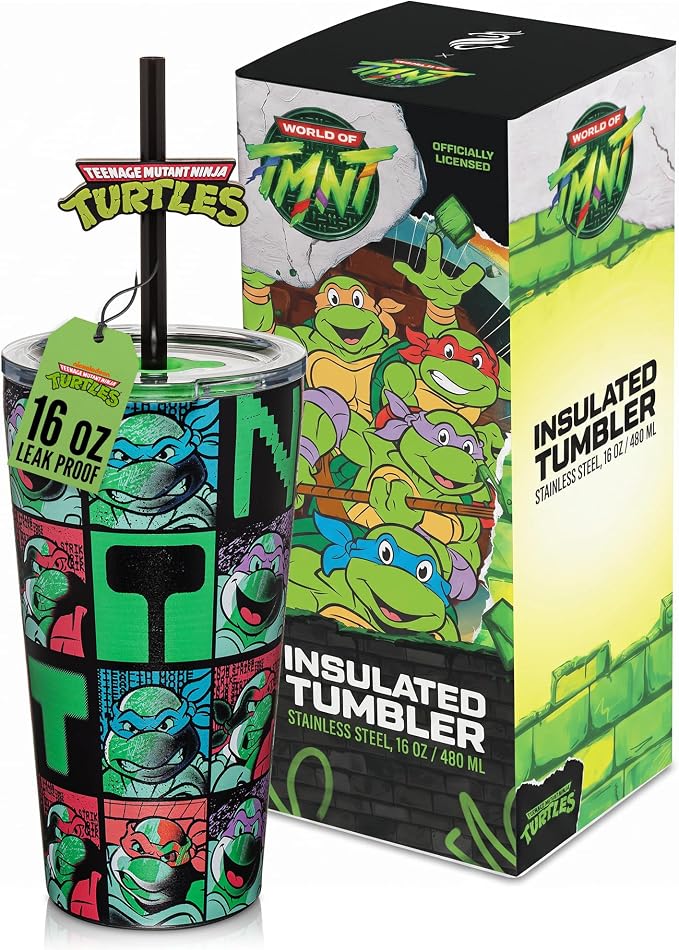 Dragon Glassware x Teenage Mutant Ninja Turtles Insulated Tumbler, 16 oz | Vacuum Insulated Stainless Steel Tumbler with Straw & Lid; Double Walled TMNT Tumbler with Straw Topper; Ninja Turtle Cup
