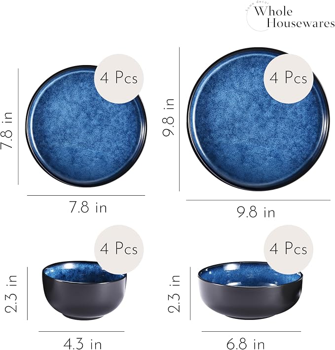 Whole Housewares Ceramic Plates and Bowls Set - Dinnerware Set - Microwave and Dishwasher Safe - 16 Piece Dinner Set - Perfect for Parties, Birthdays, or Weddings - Blue