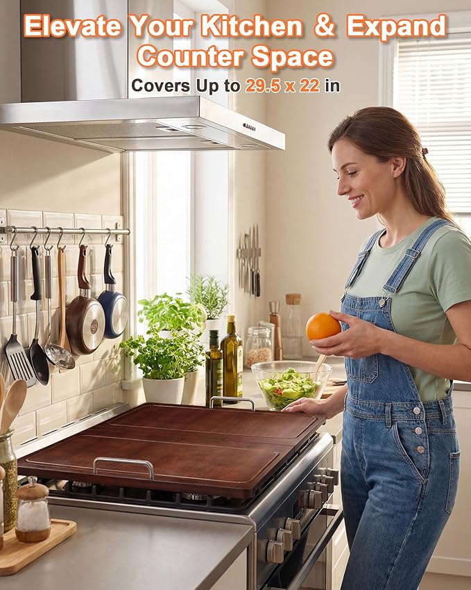 UTCG Noodle Board Stove Cover: 29.5×22 inch Bamboo Foldable Multiple Stove Top Cover with Handles for Gas & Electric Stoves - As Kitchen Sink Cover ＆ Decorative Tray for Prep Space