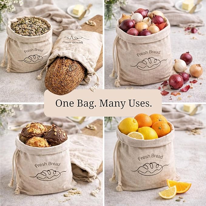 3-Pack Linen Bread Bags for Homemade Bread – Reusable Bread Storage Bags with Inner Lining – 12"x15" Sourdough Bread Bags – Eco-Friendly Baking Supplies & Gifts for Home Bakers by Simply H&K