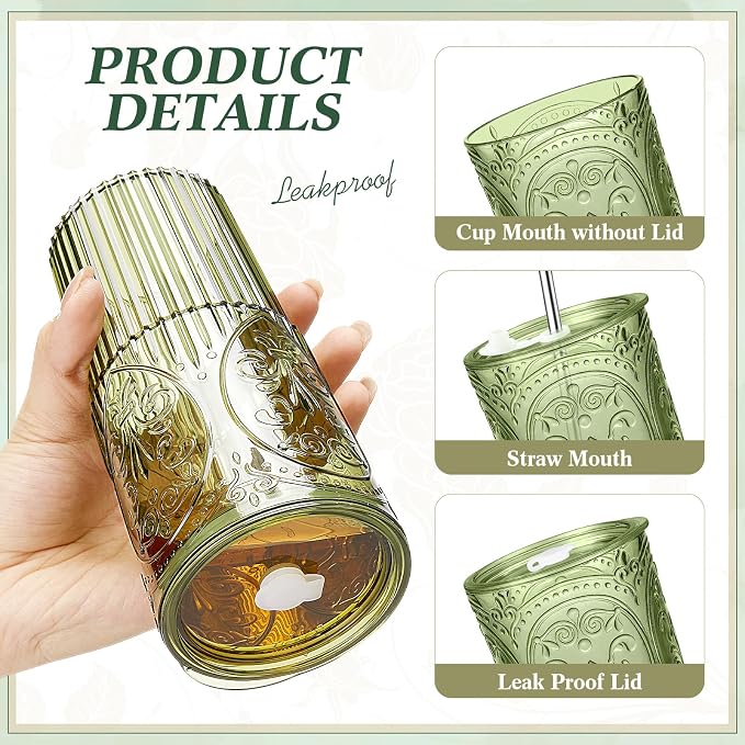 16 Set 20oz Vintage Plastic Tumbler with Lids and Straws Ribbed Floral Drinking Glasses Reusable Iced Coffee Cups for Water Juice Smoothie Cocktail Travel Party Events Gift (Green)