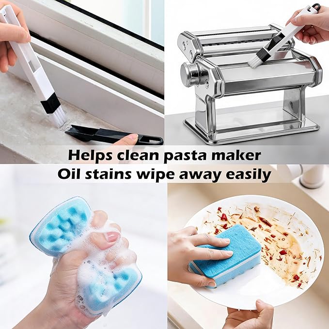 Pasta Maker Machine With 7 Adjustable Thickness Settings, Stainless Steel Manual Noodle Maker,Pasta Roller& Cutters With Removable Handle and Clamp For Kitchen (G-1380+Brush + Sponge)