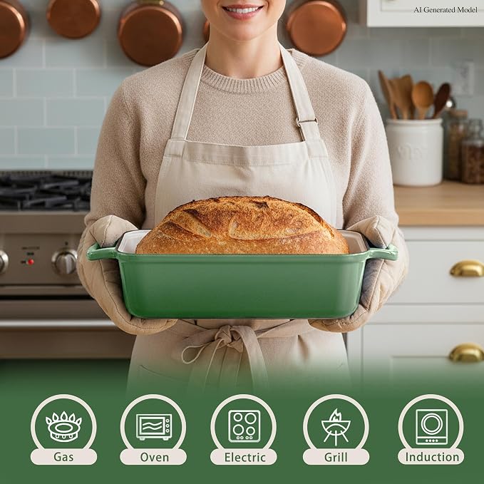 11x5 Inch Cast Iron Bread Pan with Lid, Large Loaf Pans for Sourdough Bread Baking, Even Heat Distribution Dutch Oven Loaf Pan for Homemade Bread, Meatloaf (5.8Qt, Pistachio)