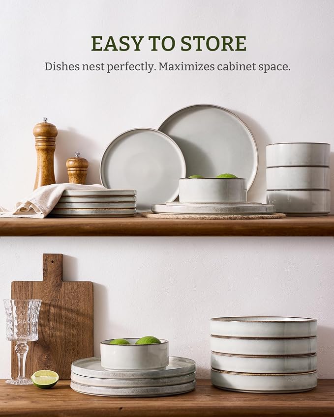 Famiware Annecy Plates and Bowls Sets, Service for 4 (16 Pieces), Dinnerware Sets with Pasta Bowls, Microwave and Dishwasher Safe Dishes Set, Chip and Scratch Resistant, Grey White
