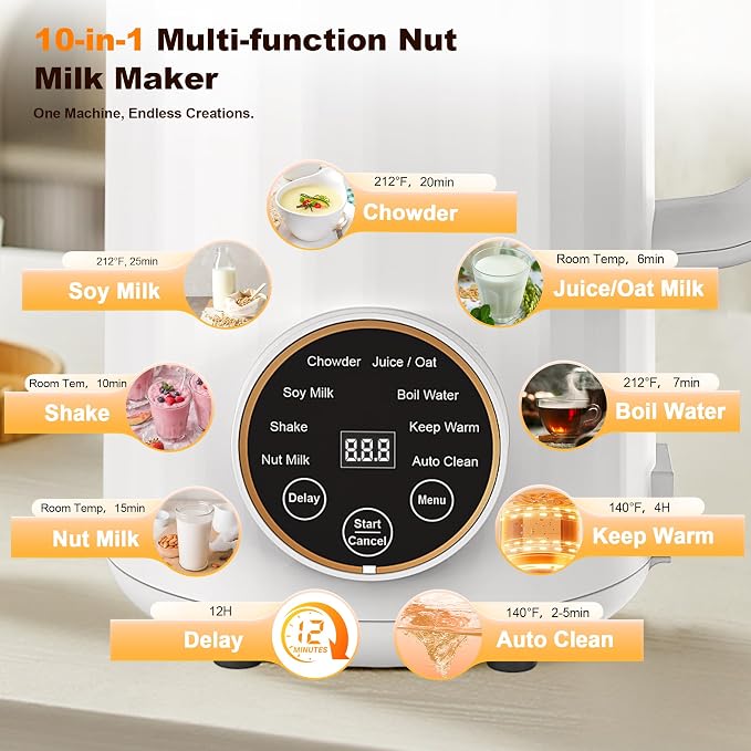 Nut Milk Maker Machine,10 in 1 Automatic Plant Based Milk Maker, 34oz Almond Milk Machine, 304 stainless steel with 12 Blades for Homemade Oat, Coconut, Chowder, Juice, Soy Milk Machine
