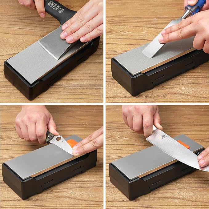 SHARPAL 163N Double-sided Diamond Sharpening Stone, 8 in. x 3 in. | Extra Coarse 220 / Fine 600 Grit, Storage Case with NonSlip Base, Angle Guide, Knife Sharpener