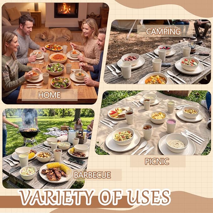 Zhehao 72 Pcs Wheat Straw Dinnerware Sets for 12 Dishwasher Microwave Safe Unbreakable Reusable Kitchen Cups, Plates, Bowls Cultery Sets for Patio, Outdoors, Rv, Camping Dishes(Beige)