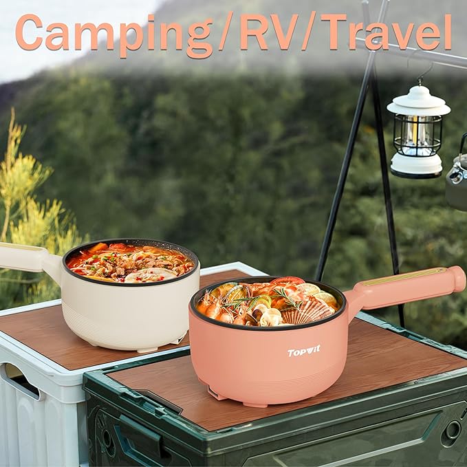 TOPWIT Hot Pot Electric, 𝟐𝐋 Electric Pot, Portable Non-Stick Portable Cooker, Sauté Pan for Steak, Egg, Fried Rice, Ramen, Soup with Dual Power Control (Silicone Spatula Included), Peach
