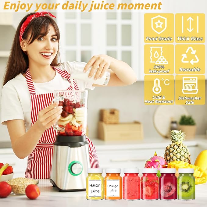 80 Pack 2 oz Glass Shot Bottles with White Lids Small Clear Glass Jar for Ginger Shot Mini Juice Bottle Reusable Wide Mouth Travel Cup Leakage-Proof with Labels for Wellness Juice Milk Potion Liquids