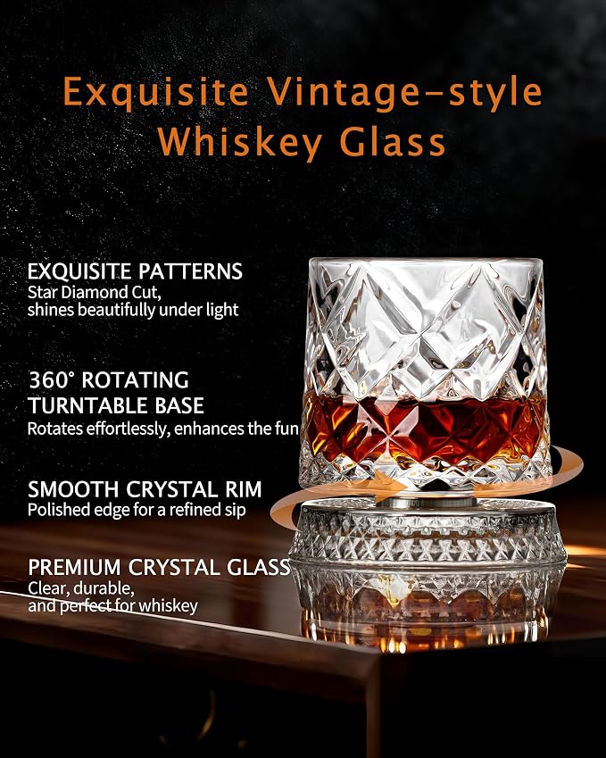 CEEFU Old Fashioned Whiskey Glasses with 360° Rotating Base, Set of 2 (2 Crystal Glasses Set, 2 Big Ice Ball Molds) In Gift Box - Bourbon, Cocktail, Rocks, Bday Gifts Ideas for Men, Ice Crackle