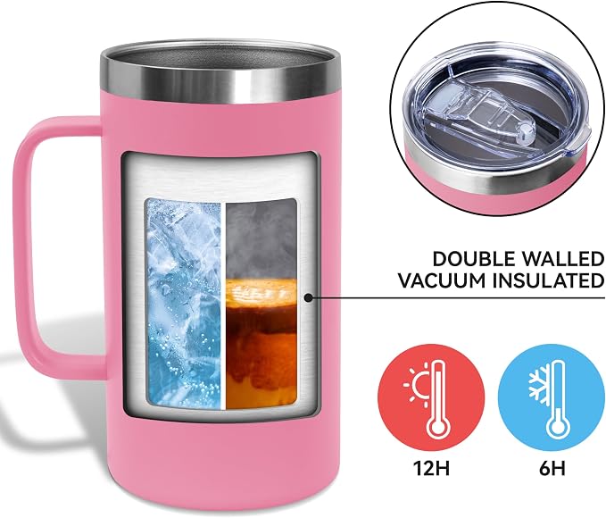 DOMICARE 24oz Mug with Handle and Lid, Stainless Steel Coffee Mug, Travel Mug with Handle, Double Wall Vacuum Coffee Tumbler, Reusable Insulated Cup, Pink, Pack 4