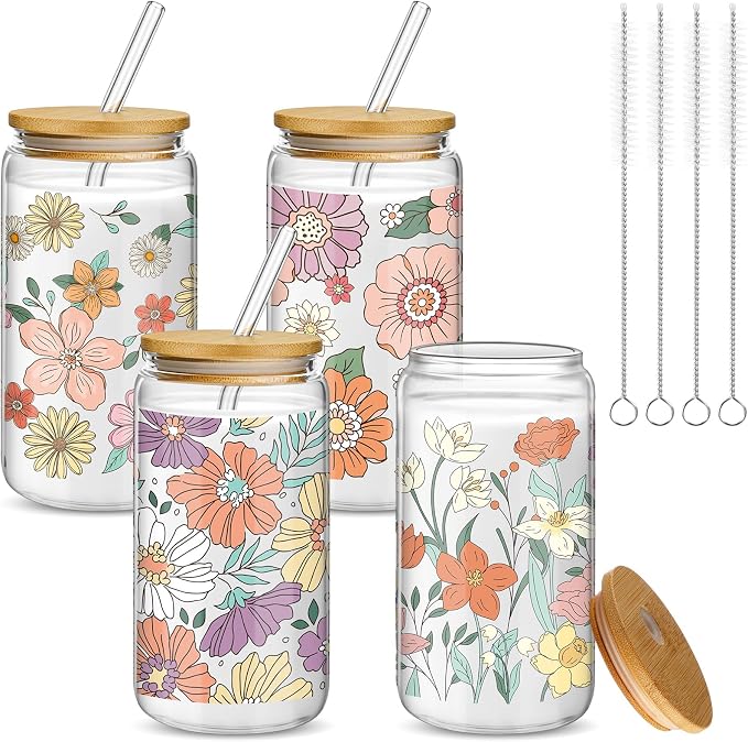 Mumufy 4 Pack Wildflower Glass Cups Gift Aesthetic Cute Glass Cup Tumbler Flower Iced Coffee Mugs 16 oz with Bamboo Lid & Straw, for Wedding Birthday Bridesmaid Mom Baby Shower