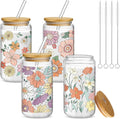 Mumufy 4 Pack Wildflower Glass Cups Gift Aesthetic Cute Glass Cup Tumbler Flower Iced Coffee Mugs 16 oz with Bamboo Lid & Straw, for Wedding Birthday Bridesmaid Mom Baby Shower