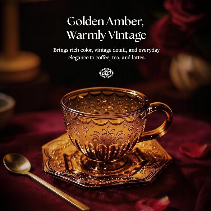 Handcrafted Vintage Glass Coffee Cup and Saucer Set, 12 oz Large Tea Cup with Octagonal Saucer for Coffee, Latte, Tea & Home Cafe, Gift for Women, Microwave & Dishwasher Safe, Golden Amber