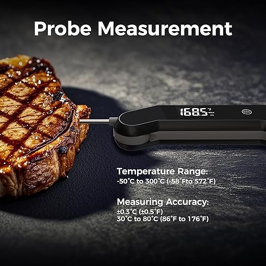 YFL Instant Read Meat Thermometer Digital, Ultra-Fast 0.8s Thermocouple Food Thermometer for Cooking, IP66 Waterproof Kitchen Gadget with Auto-Rotating VA Screen for BBQ, Smoker, Candy