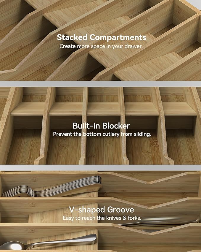Expandable Silverware Organizer, Utensil Drawer Organizer & Cutlery Tray Dividers for Spoons Forks Knives (12 Slot,Natural Bamboo), 16.73”x12.91”x1.97 “