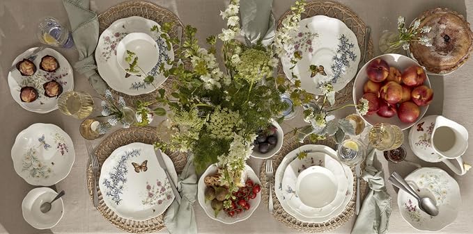 Lenox Porcelain Dinnerware Sets For 4, Butterfly Meadow Herbs 12-Piece Dinnerware Set, Service For 4, Microwave Safe Plates, White Dinner Plates and Bowls Sets, Dishes, Kitchen and Dining (12 Piece)