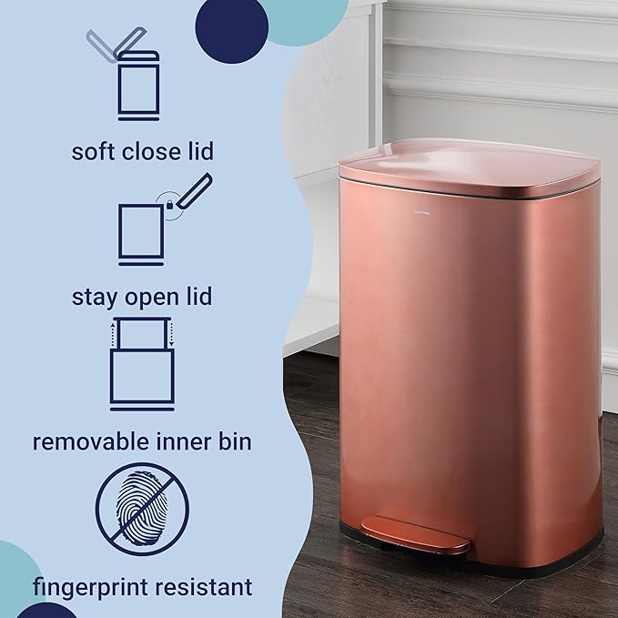 happimess HPM1006D Connor Rectangular 13-Gallon Trash Can with Soft-Close Lid and Free Mini Trash Can, Fingerprint Resistant, Modern, Minimalistic for Home, Kitchen, Office, Bathroom, Rose Gold