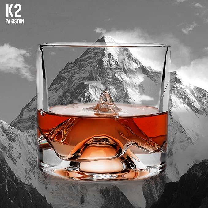 LIITON K2 Mountain Heavy Crystal Whiskey Glasses Gift Set of 2, Thick Freezable Bourbon Glass 1lb Each, Premium Whiskey Gifts for Men, Frozen Crystal Chills Cocktails, 10 oz