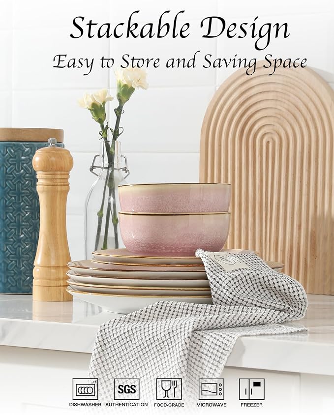 Sweejar Dinnerware Sets Service for 4, 12 pcs Porcelain Plates and Bowls for Kitchen, Housewaring Gift, Chip and Scratch Resistant Dish Set, Handmade Dishwasher and Microwave Safe Plate Set, Pink