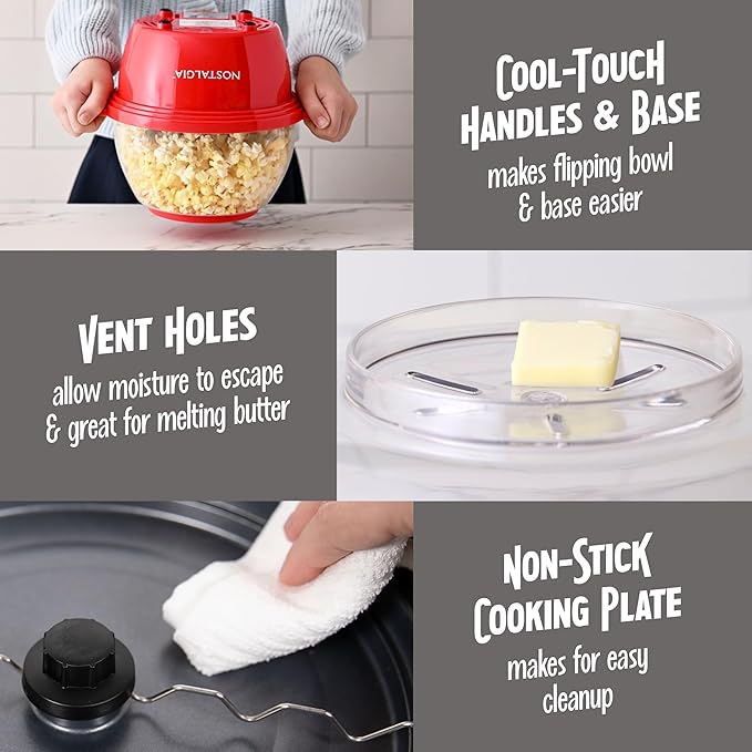 Nostalgia Electric Non-Stick Stirring Popcorn Machine with Hot Oil- Easy-To-Clean Popcorn Popper with Dual-Use Bowl & Cool-Touch Handles- Popcorn Maker for 8 Cups of Theater Style Popcorn- Red