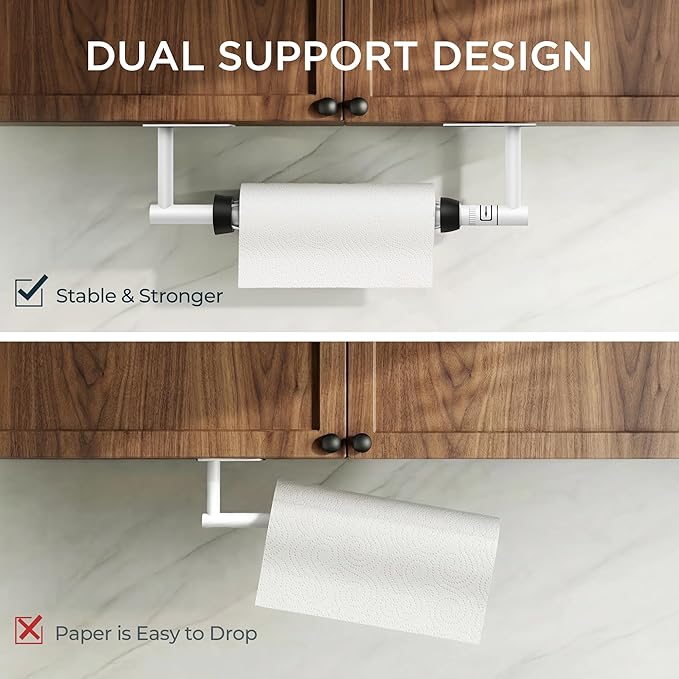 FORIOUS Paper Towel Holder Under Cabinet, Single Hand Operable with Adjustable Damping for Easy Tear, Adhesive or Drill Wall Mount, 304 Commercial Paper Towel Holder for Kitchen Bathroom, White