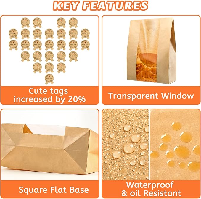 25 Pcs Bread Bags for Homemade Bread, Sourdough Paper Bags With Window, 50% Thicker 13.7x8.2x3.7in A Large Bakery Bag Used for Storage Bakery Cookies & Snacks, 40 Cute Sealing Stickers with Ties